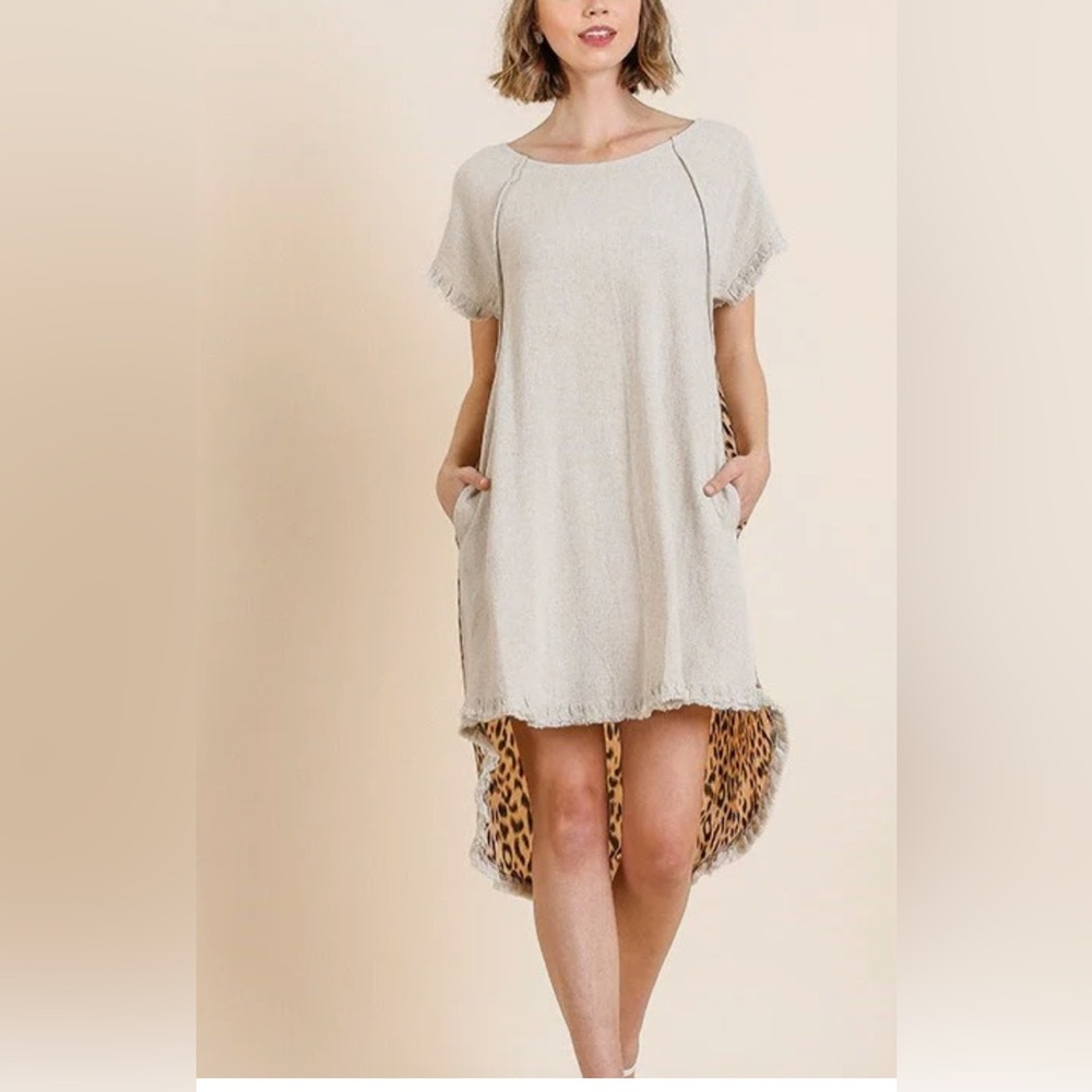 Umgee XL Leopard Back Linen Hi Low Dress Raw Fringe Hem Beach Boho Vacay Women - Picture 2 of 11